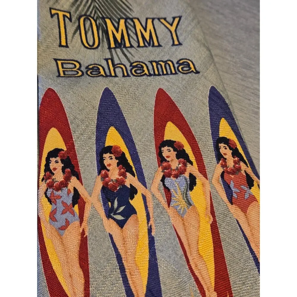 Tommy Bahama 100% Silk Necktie. Tropical Pinup girls and Surfboards